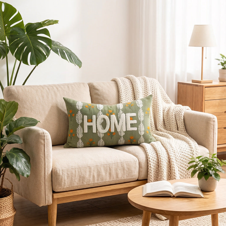 Besticktes strukturiertes Lendenkissen mit HOME-Buchstaben und Blattmotiv