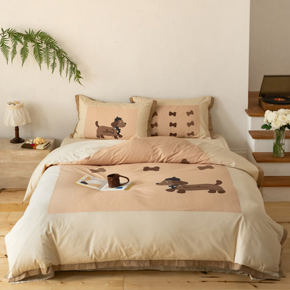Cartoon Dackel Baumwollsatin Bettbezug Bettwäsche Set mit bedruckten Kissenbezügen
