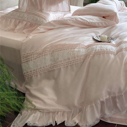 Luxuriöses Satin Rüschenteil mit Spitzenbesatz Bettbezug Set