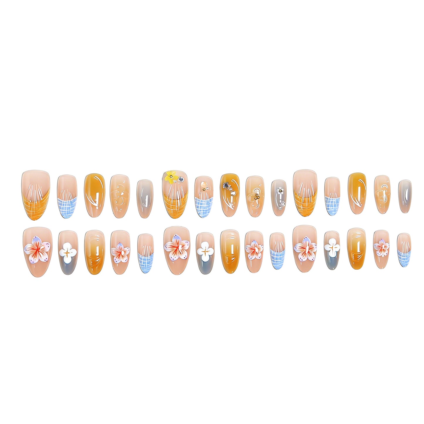 Kunstnagelset mit ästhetischen floralen Akzenten und Glanzfinish Brehn
