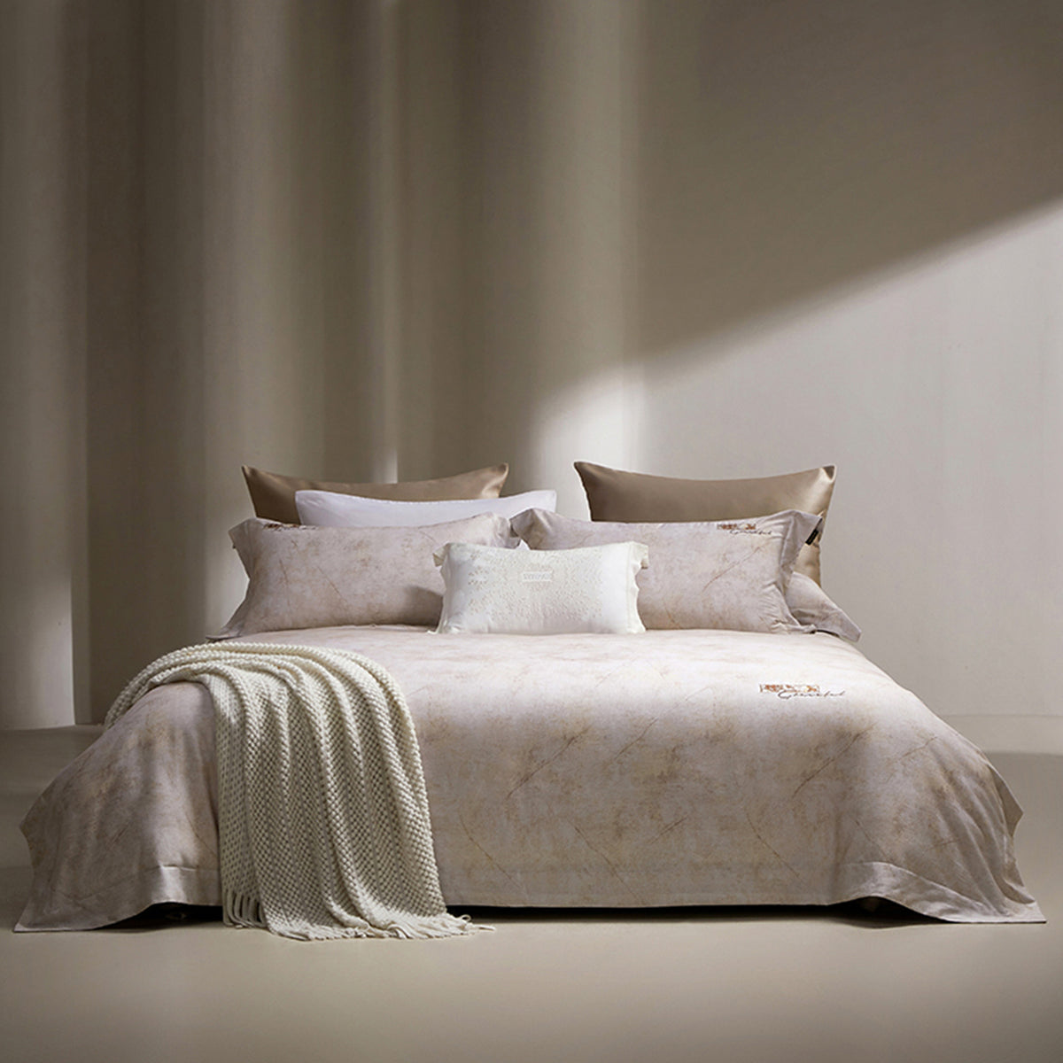 Marmoreffekt Baumwoll-Satin Bettbezug Set mit Strickdecke und Oxford-Kissenbezügen