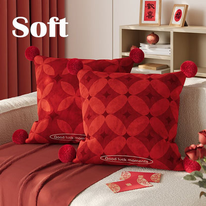 Decorative Velvet Square Throw Pillow with Corner Pom-Poms and Geometric Floral Emboss
