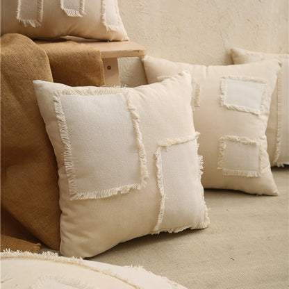 Fringed Patchwork Leinen-Mischung Quadrat Dekorative Wurfkissenbezug