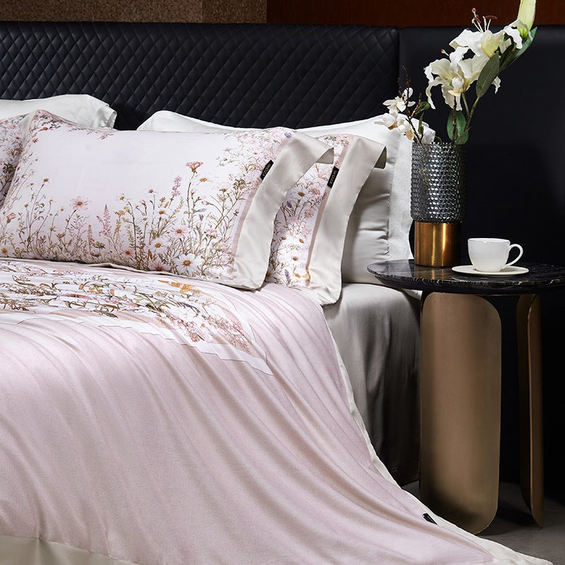 Luxe Satin-Feel Floral Mittel-Panel Bettbezug Set mit Gerolltem Bolster & Euro Kissenbezügen