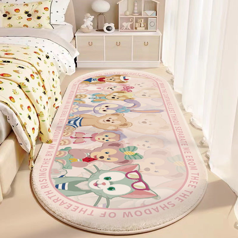 Plush Oval Runner Rug with Cute Cartoon Bear & Friends Print