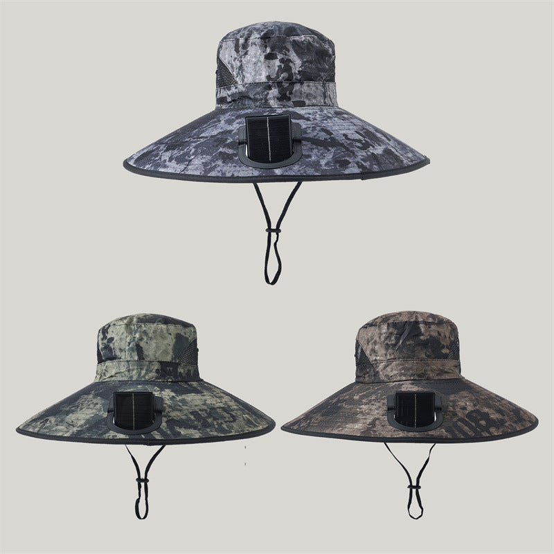 Breite-Krempe Outdoor Sonnenhut mit solarbetriebenem Mikroventilator, atmungsaktivem Mesh und verstellbarem Kinnriemen Brehn