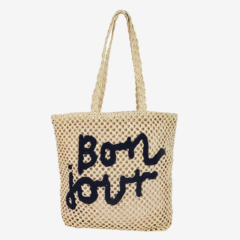 Damen Handgefertigte Strohtasche mit trendy Schriftzug Brehn