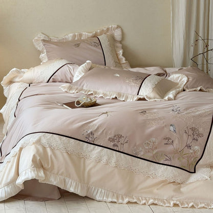 Luxuriös besticktes Satin-Rüsch-Bettwäsche-Set