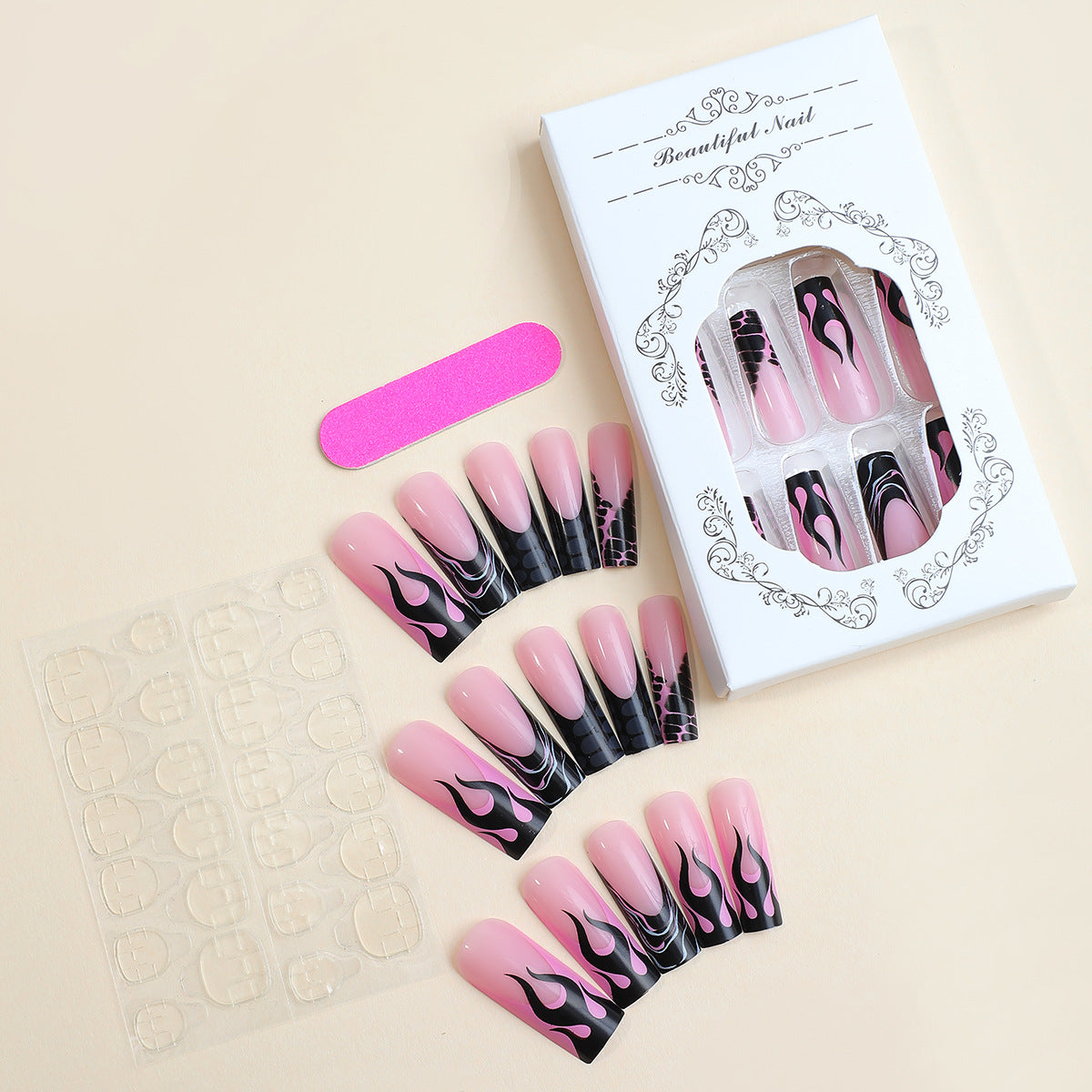 Künstlerisches Press-On Nagelset mit Flammenmuster Brehn