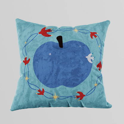 Decorative Velvet Square Throw Pillow with Illustrated Apple & Swallow Motif