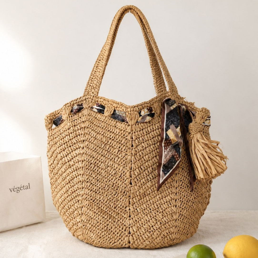 Handgefertigte Strandtasche mit Verspieltem Falz und Quasten Brehn