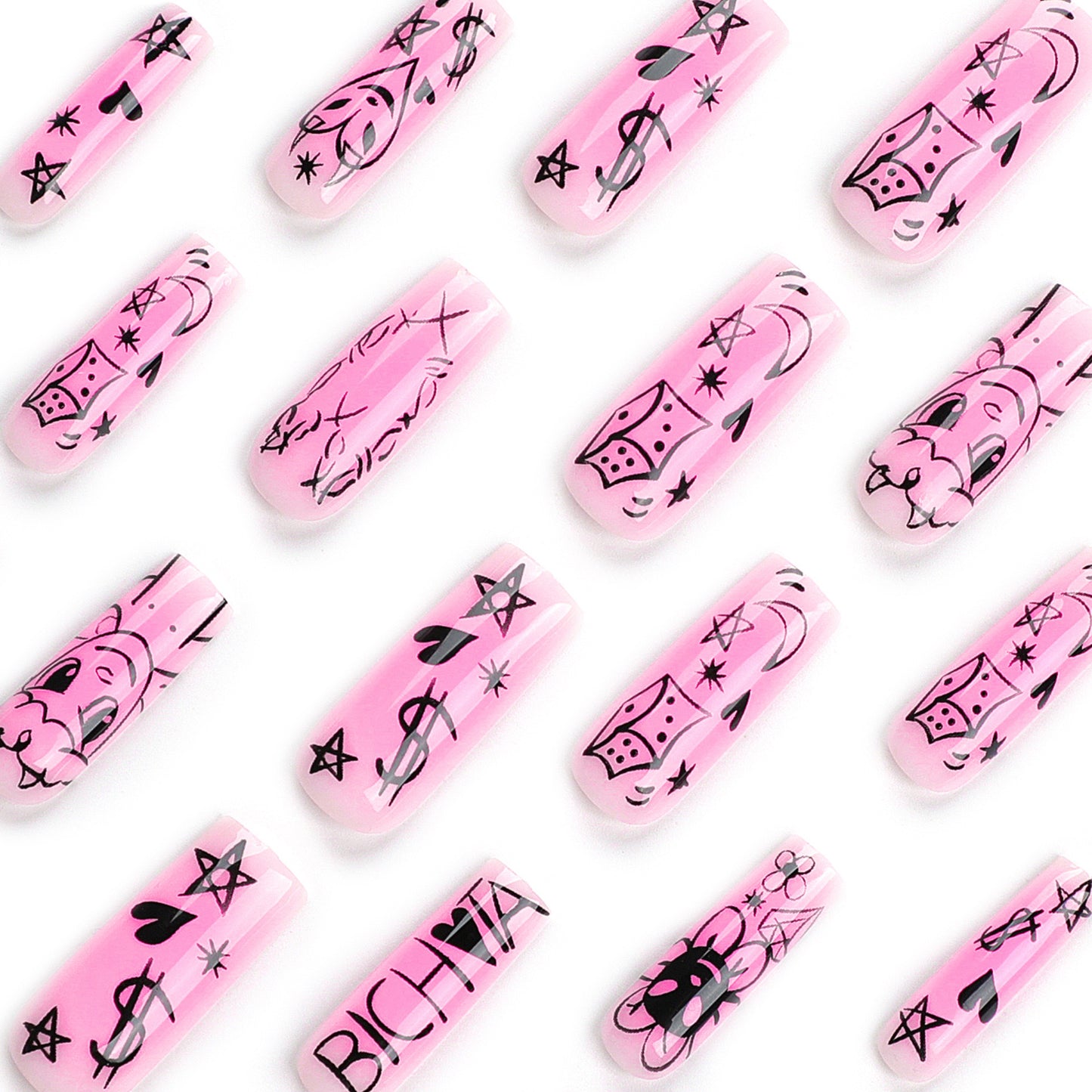 Kunstnagelset mit verspieltem Cartoon-Motiv und schimmernden Akzenten Brehn