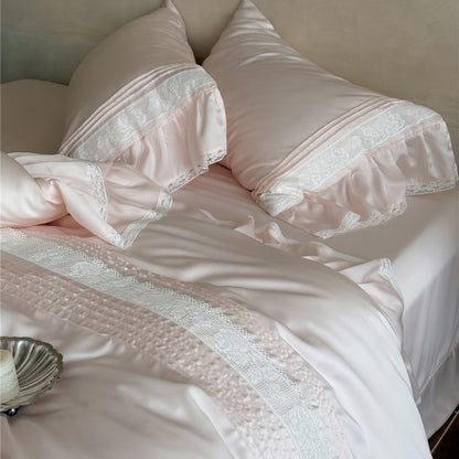 Luxuriöses Satin Rüschenteil mit Spitzenbesatz Bettbezug Set