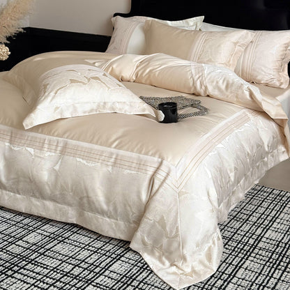 Luxuriöses Satin-Jacquard-Blumenbettwäsche-Set mit plissiertem Bettrock
