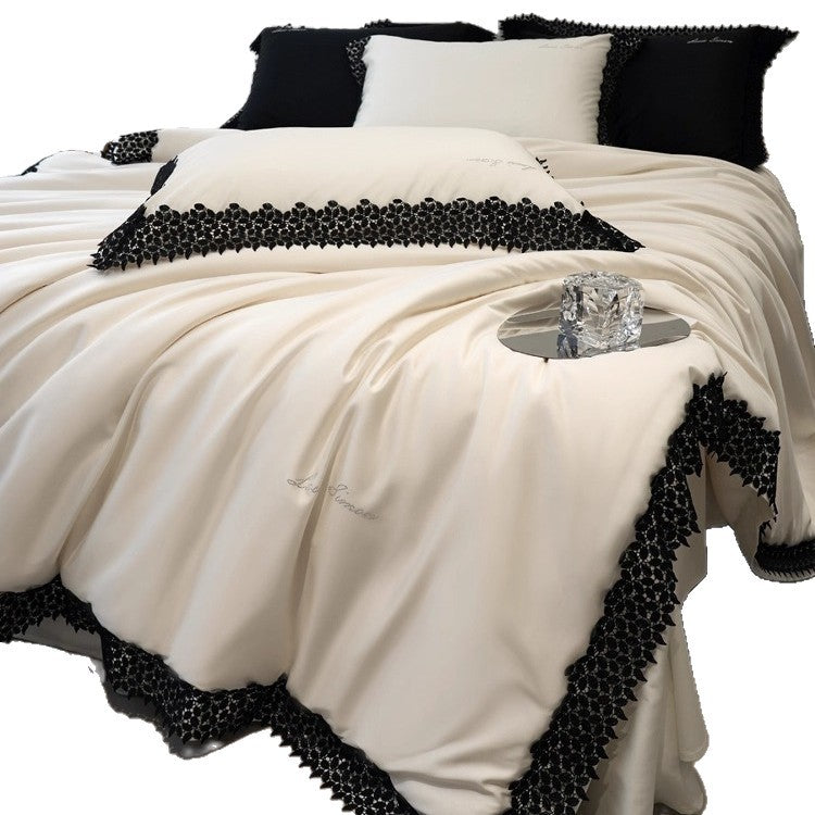 Luxus Baumwoll-Satin Bettbezug Set mit Spitze Applikation und gewelltem Rand