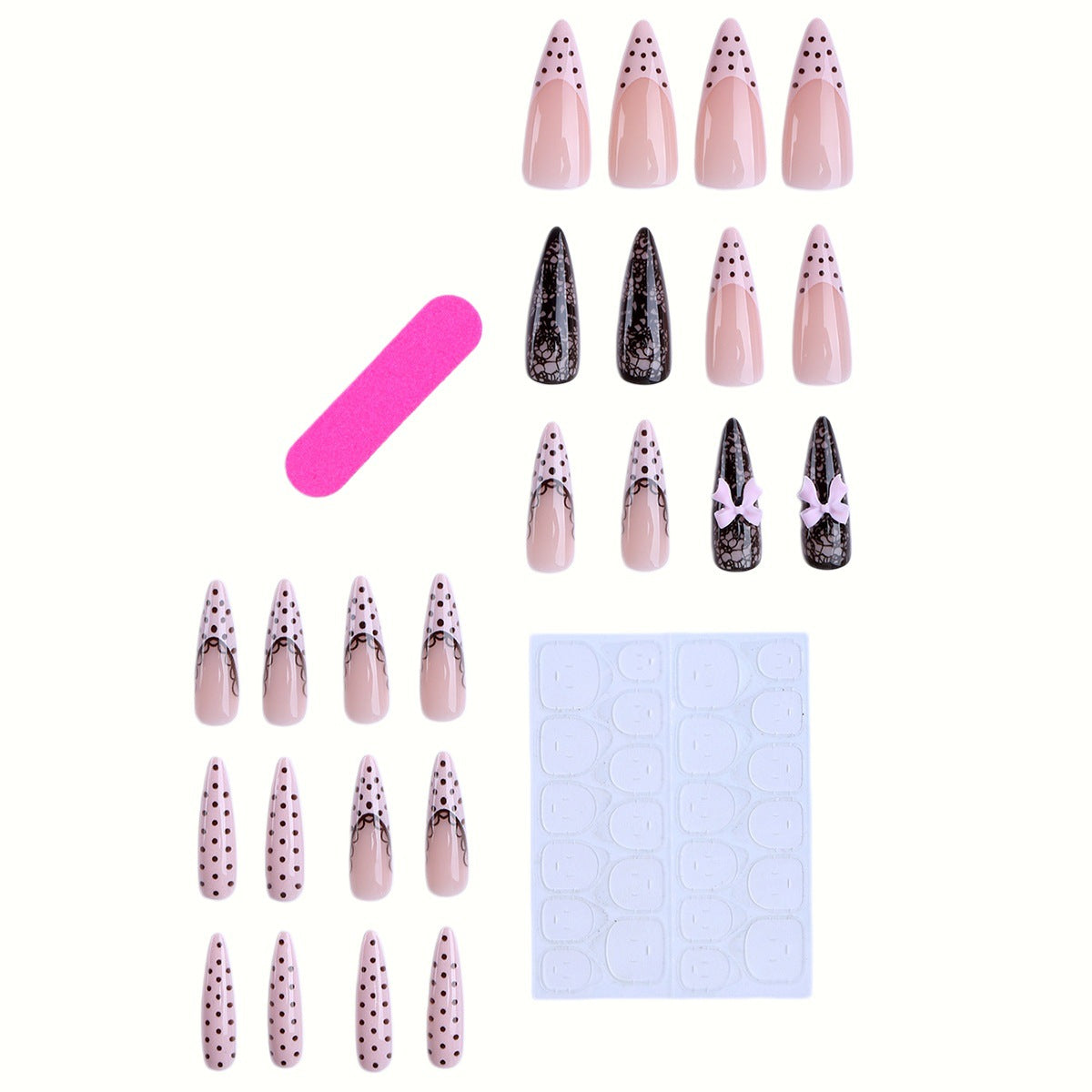 Elegante Stiletto Press-On Nagelset mit Spitzen- und Schleifenmuster Brehn