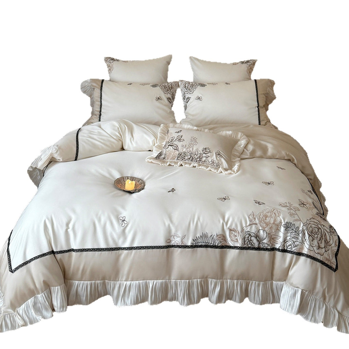 Seidiger Satin Floral Bestickte Rüschengestell Bettbezug Ensemble mit Plissierter Bettrock