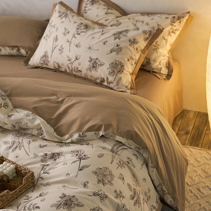 Wendbares Bettwäsche-Set aus Baumwollsatin mit botanischem Skizzenprint und glattem Rückseitenbezug