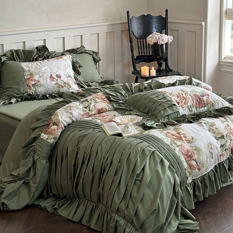 Luxuriöses Bettwäsche-Set aus Baumwollsatin mit Rüschen und Vintage-Rosenmuster