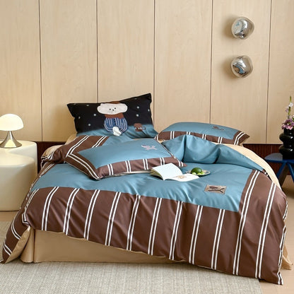 Gestreiftes Baumwoll-Bettwäsche-Set mit verspieltem Bärenmotiv