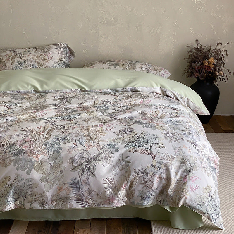 Premium-Baumwollsatin-Duvetbezuggarnitur mit floralem Jacquard-Relief und Knopfverschluss