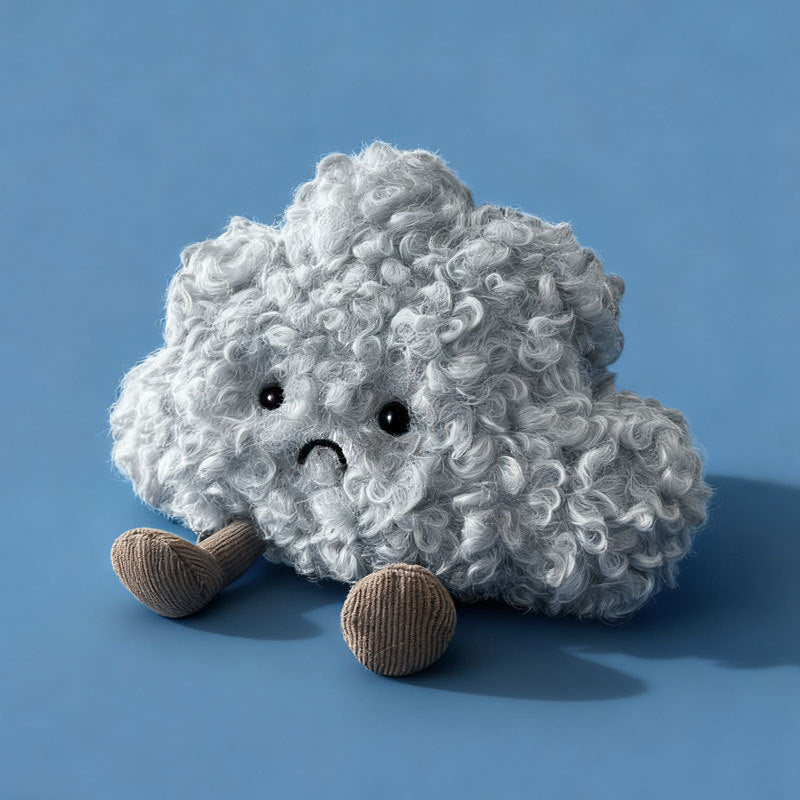 Curly Faux-Fur Traurige Wolken Plüschkissen mit Cord-Beinen und gesticktem Gesicht Brehn