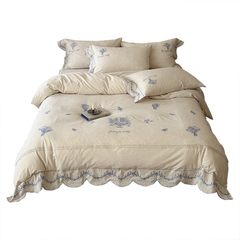 Bestickte Leinen Bettbezug und Kissenbezug Set mit gewelltem Rand