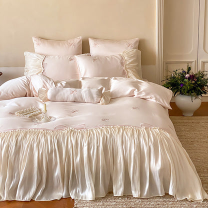 Luxuriöses Satin-Rüschenschleife-besticktes Bettwäsche-Set