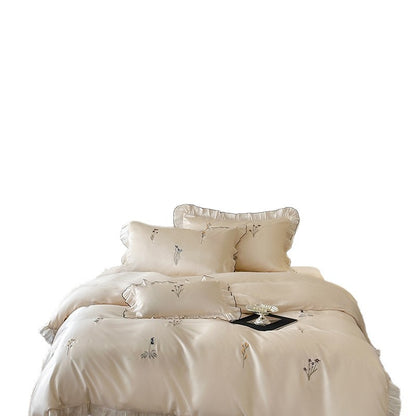 Besticktes wendbares Satin-Bettbezug-Set mit dekorativen Kissenbezügen