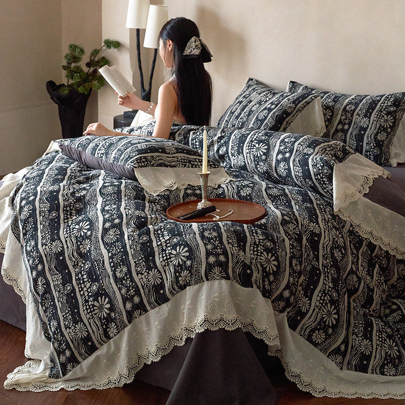 Bohemian Spitzenbesatz Baumwoll Bettbezug Set mit Kissenbezügen
