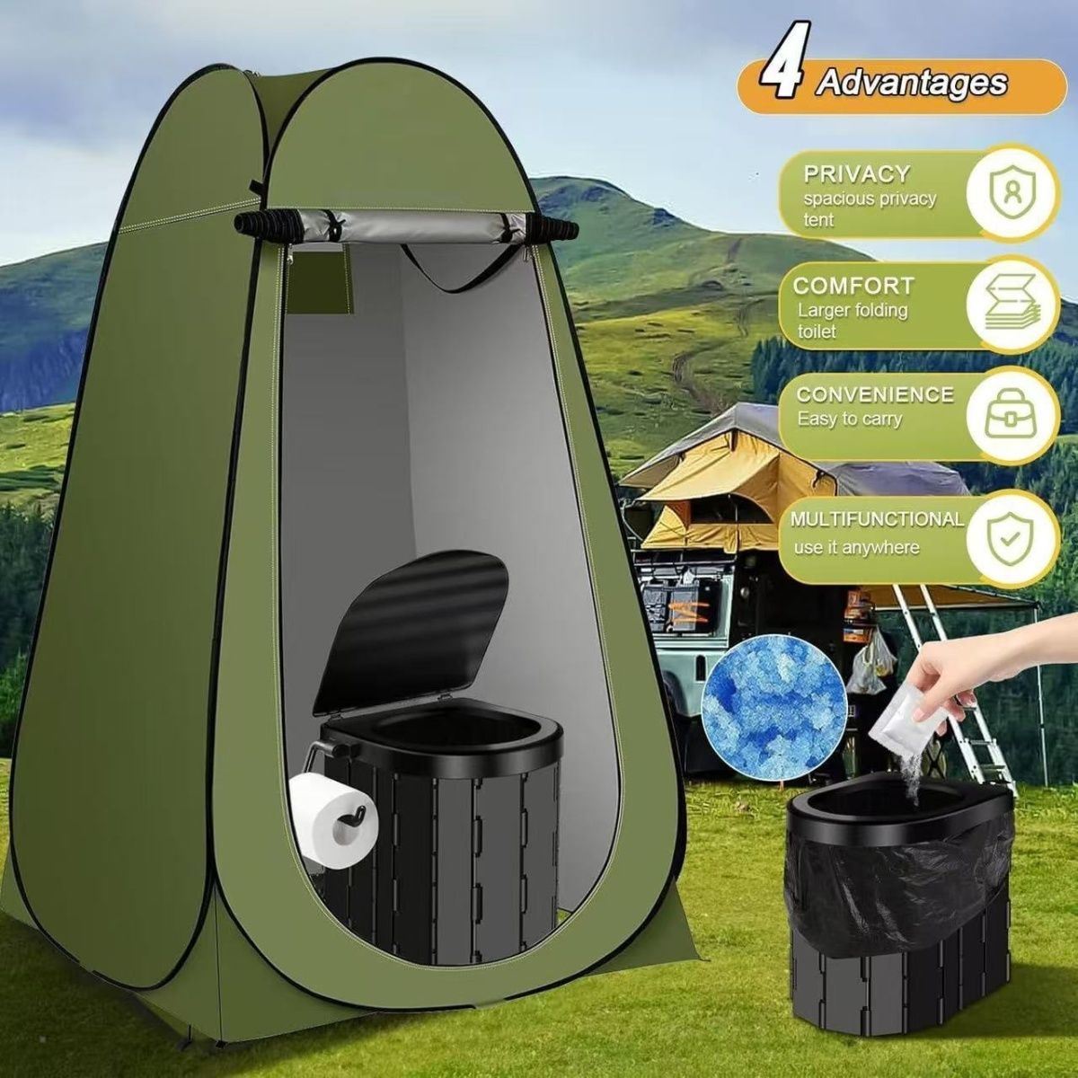 Tragbares Pop-up-Privatsphäre-Zelt und zusammenklappbares Camping-Toiletten-Kit mit vollständigem Zubehörset Brehn