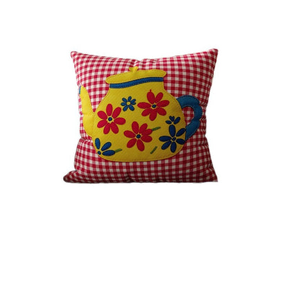 Decorative Gingham Appliqué Coffee Cup Throw Pillow Cover