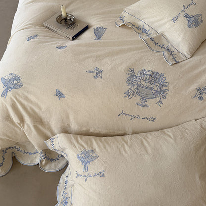 Bestickte Leinen Bettbezug und Kissenbezug Set mit gewelltem Rand