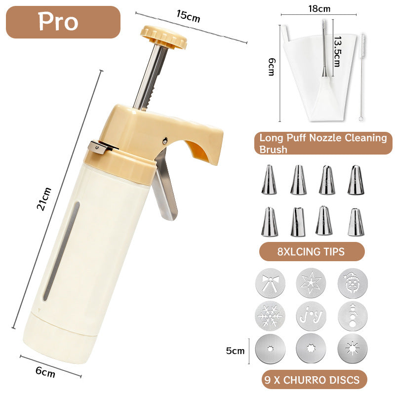 Handheld Cookie Press and Churro Maker with Assorted Piping Discs and Stainless Nozzles