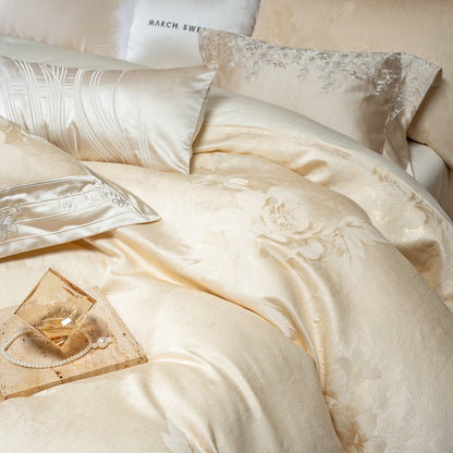 Luxuriöses Satin-Jacquard-Blumenbettwäsche-Set mit Bettdecke und Kissenbezügen