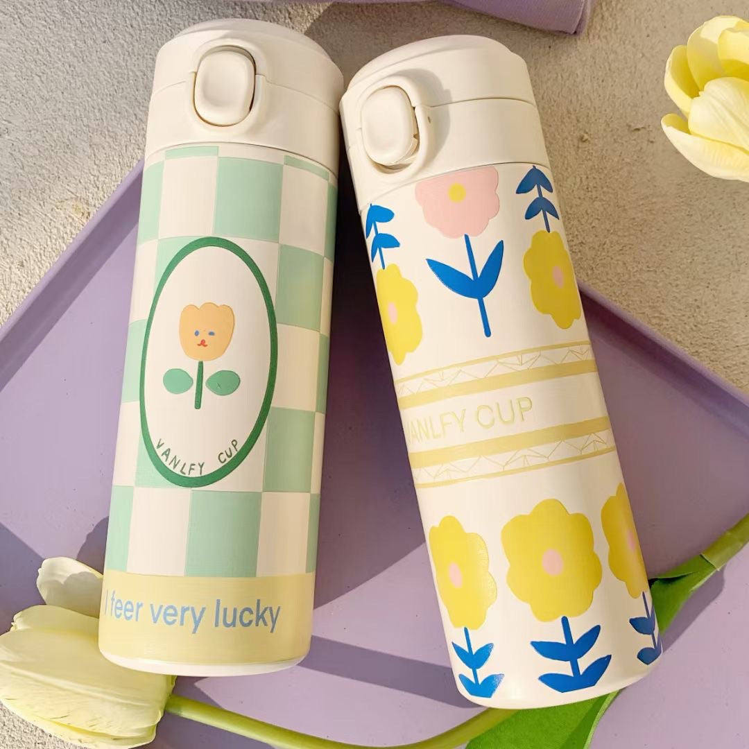Damen Isolier-Trinkflasche mit funktionellem Deckel und kreativem Floralmotiv Brehn