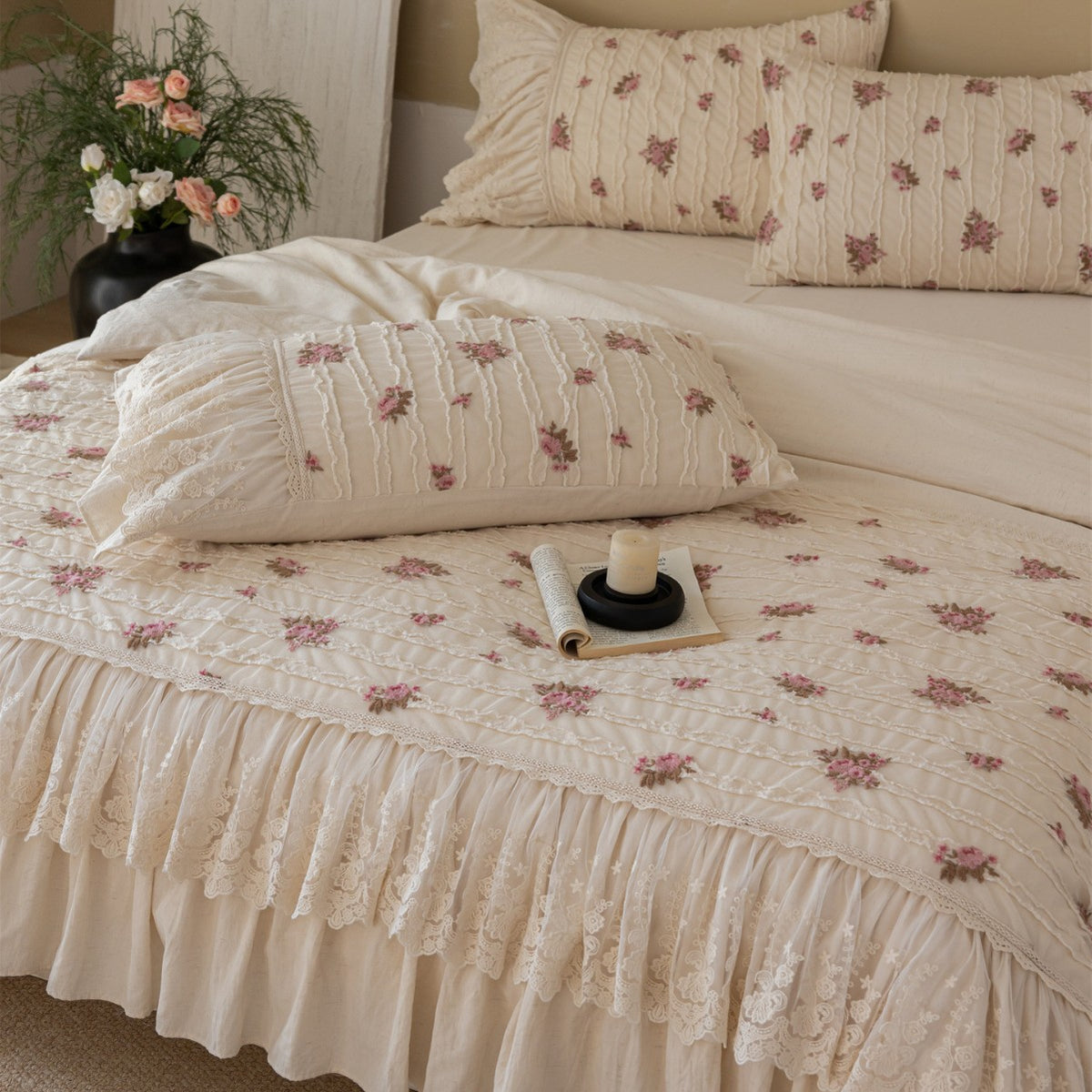 Rüsche Spitzenbesatz Bestickte Rose Baumwolle Bettbezug Set