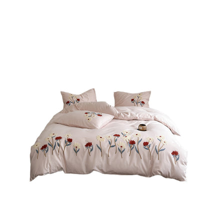 Besticktes Baumwollsatin-Bettwäscheset mit zarter Blumenstickerei und Kissenbezügen