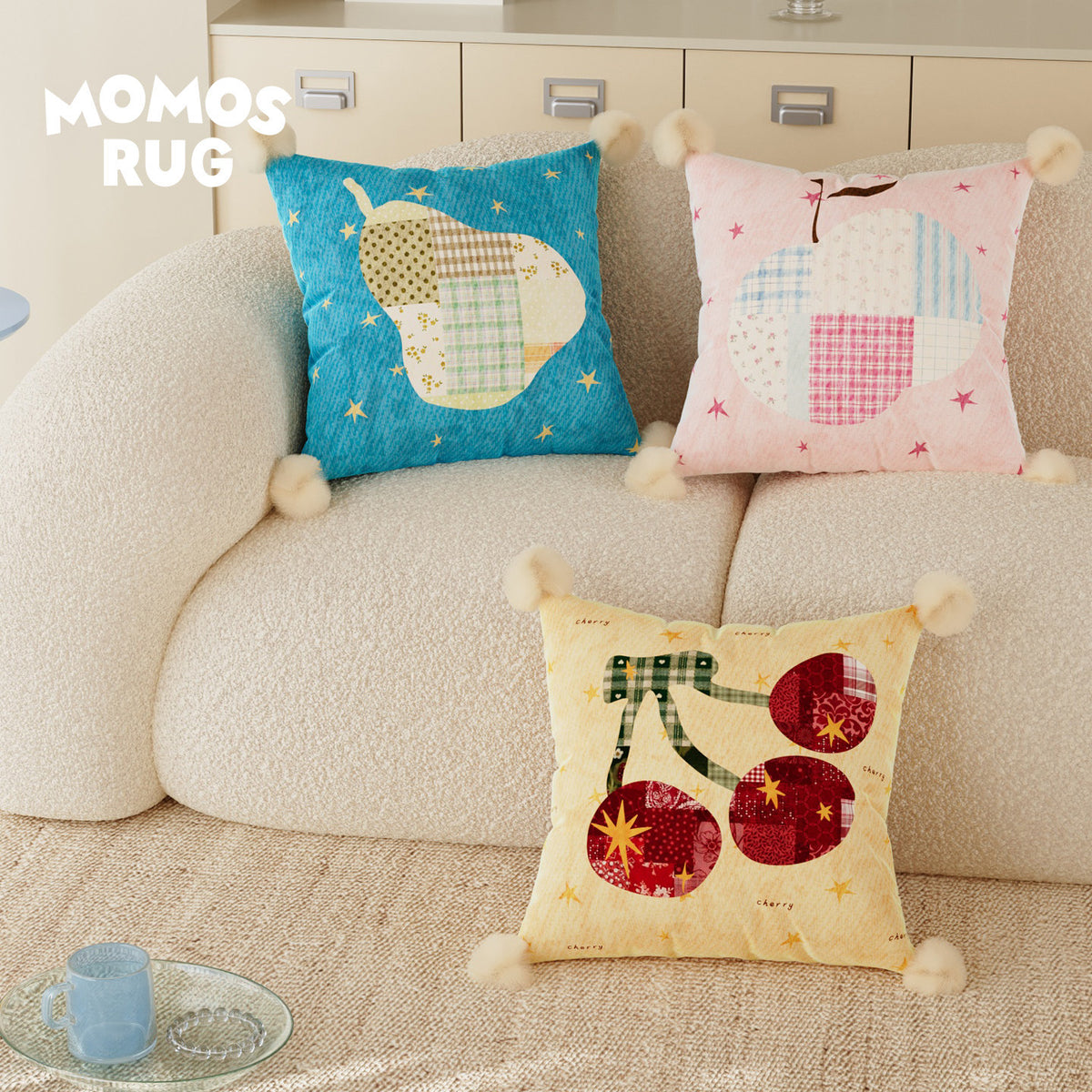 Patchwork Pear Appliqué Decorative Throw Pillow with Pom-Pom Corners