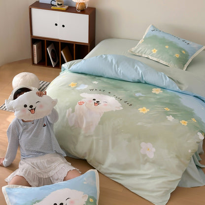Cartoon Puppy Gedrucktes Baumwoll-Satin Bettbezug und Kissenbezug Set mit Paspelrand