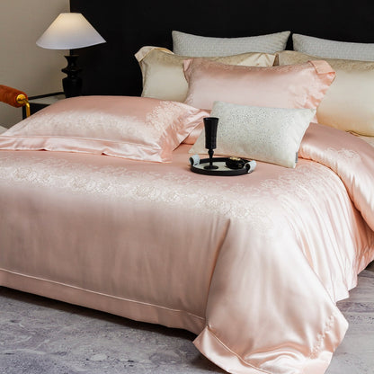 Seiden-Feel Jacquard Satin Bettbezug Set mit geprägt floralem Rand