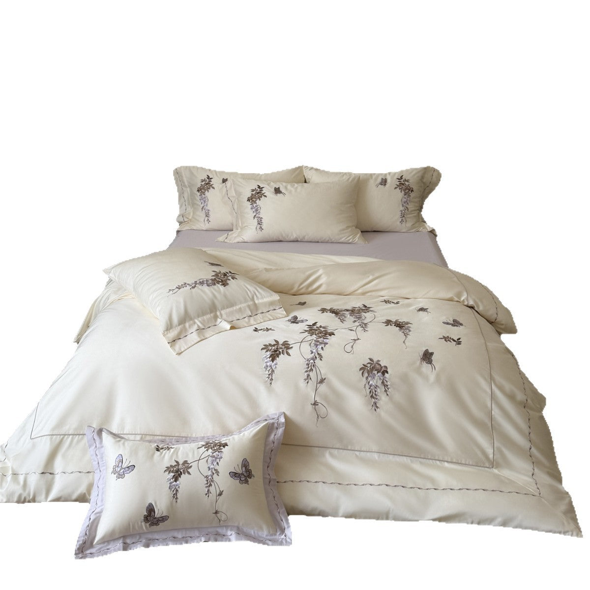 Besticktes Wisteria- und Schmetterlings-Baumwollsatin-Bettbezug-Set mit Paspelrand