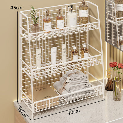 Winkelständer mit drei Drahtkörben und Gitterrückwand für geneigte Desktop-Mesh-Gepäckablage und -Thekenorganizer