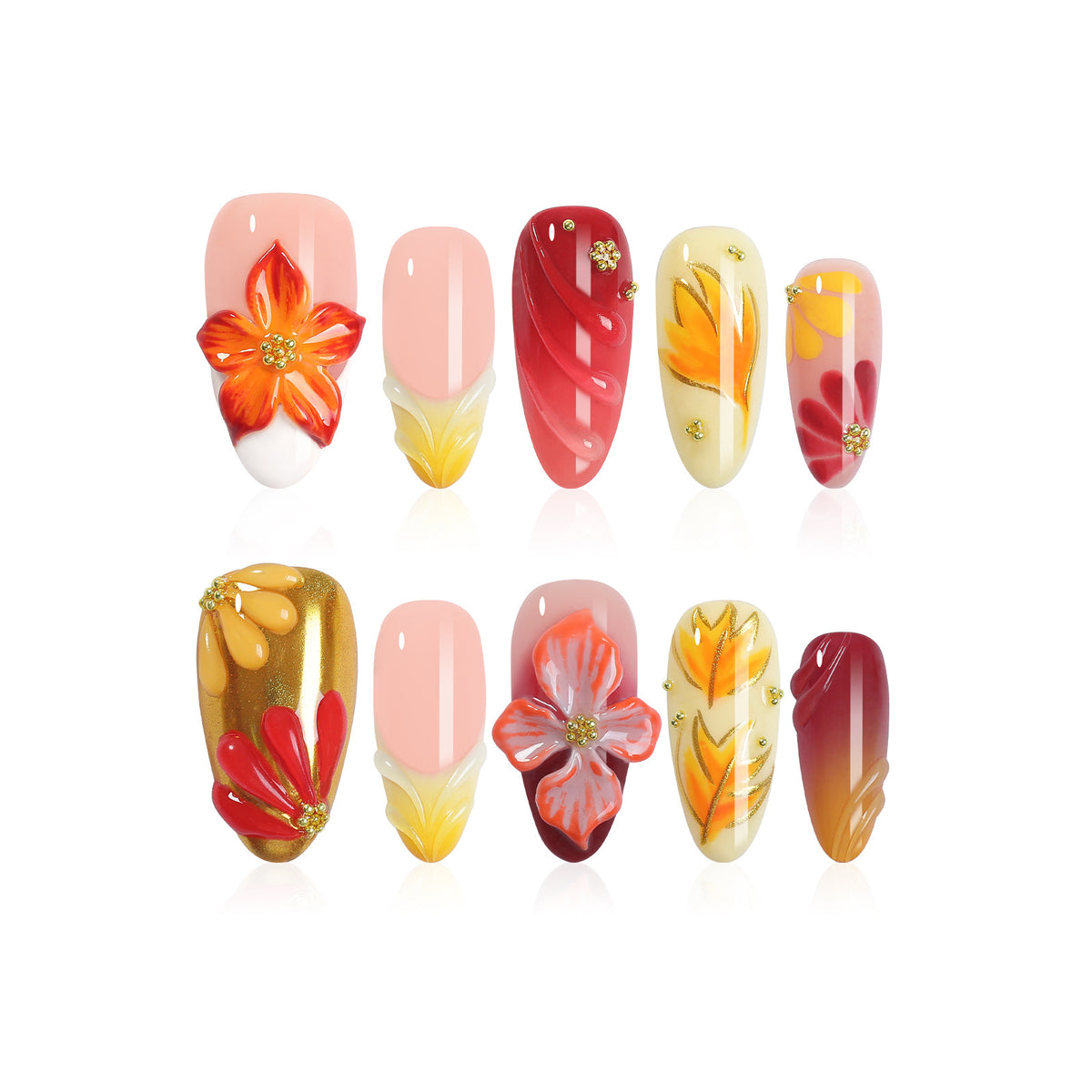 Kunstnagel-Set mit floralen Designs und glamourösen Verzierungen Brehn