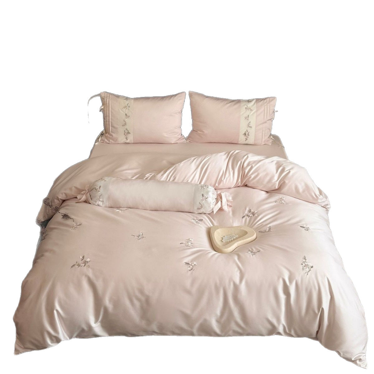 Luxuriöses Satin-Bettwäscheset mit bestickten Blütenapplikationen und Nackenrolle Brehn