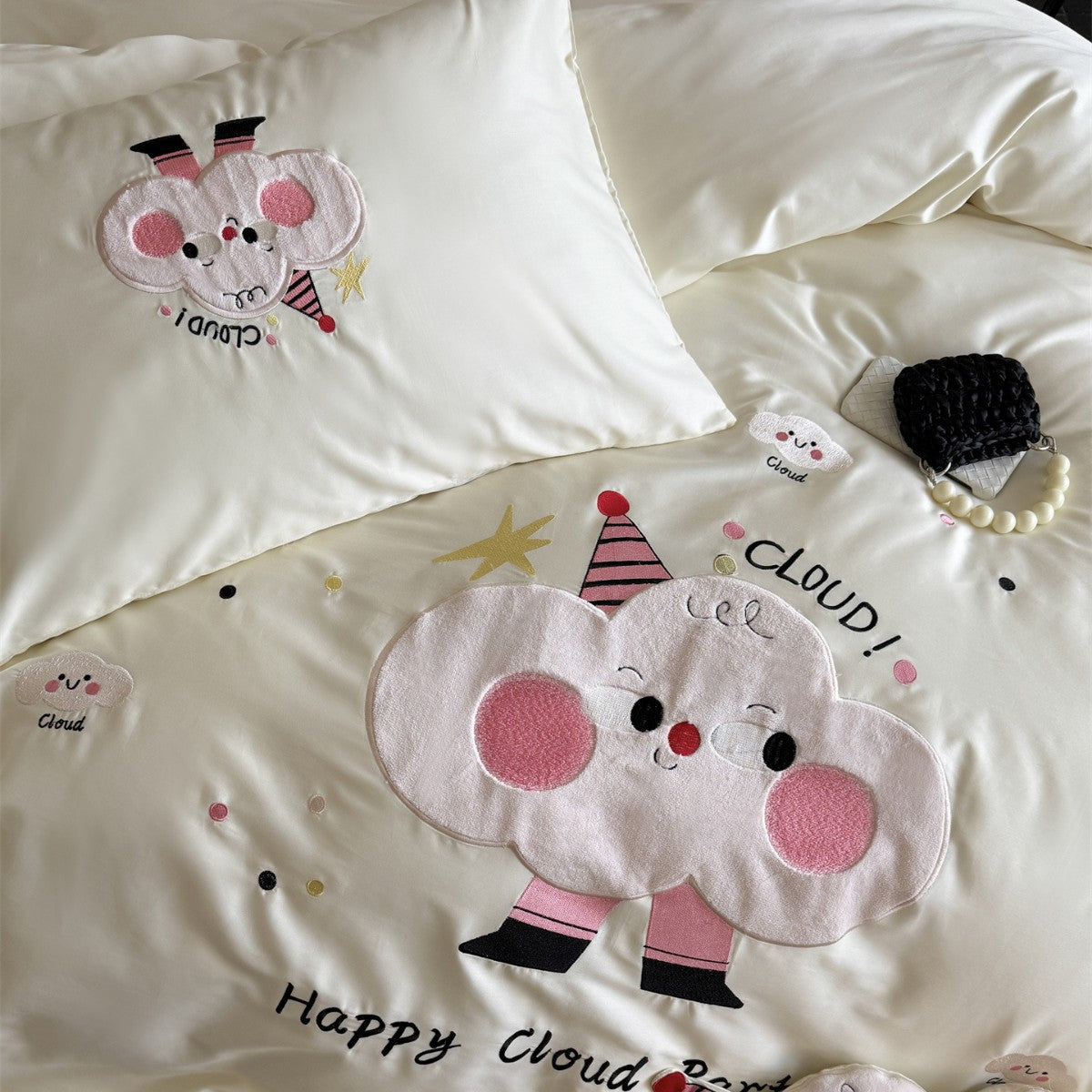 Luxus Satin Bestickte Cartoon Wolke Bettbezug Set