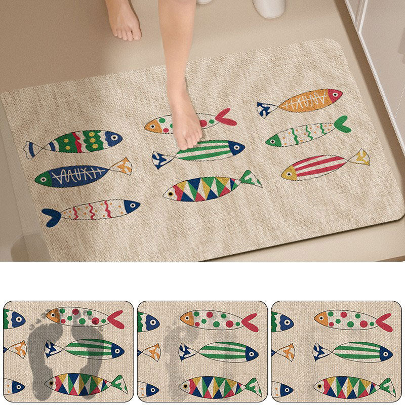 Absorbent Low-Profile Jute-Texture Fish Pattern Entrance & Bath Mat