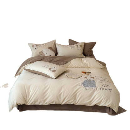 Kinderbettwäsche-Set mit bestickten Hunde-Motiven und extraweichem Baumwollsatin