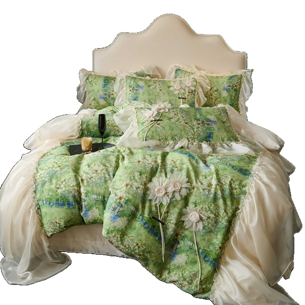 Rüschend Floral Chiffon-Besatz Bettbezug und Kissenbezug Set