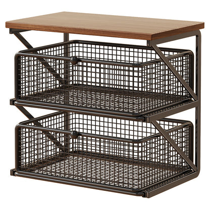 Küchenarbeitsplatte Kaffee Station Organizer mit Holzoberfläche und Metalldrahtkorb